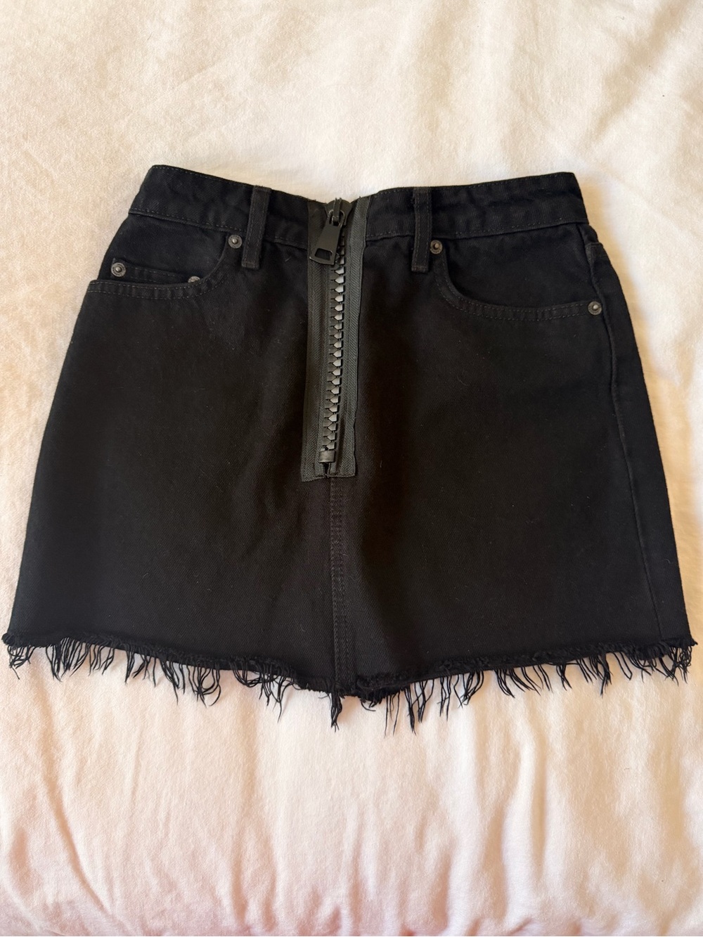 LF Black Frayed Hem Denim Mini Skirt with Front Zipper